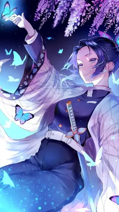 Anime character with butterflies and wisteria in the dark background