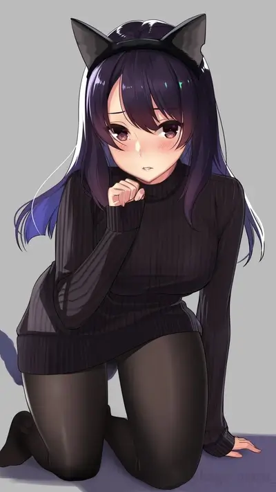 Anime character with cat ears, long black hair, and wearing a sweater