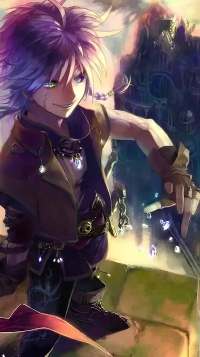 Anime character with heterochromia eyes and purple hair throwing shining crystals