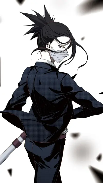 Anime character with mask, suit, and katana stands against white background