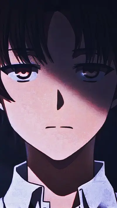 Anime character with mysterious eyes and serious expression under harsh lighting.