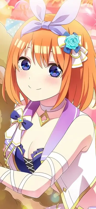 Anime character with orange hair, blue eyes, ribbons, cute expression