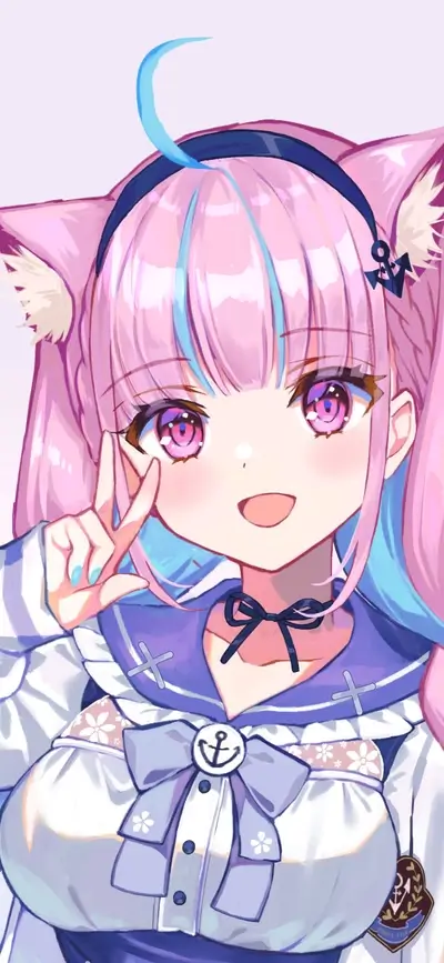 Anime character with pink hair, cat ears, and sailor outfit posing