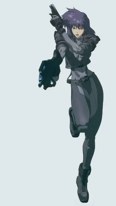 Anime character with purple hair in action pose holding guns