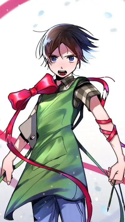 Anime character with short hair, wearing green apron and bow tie