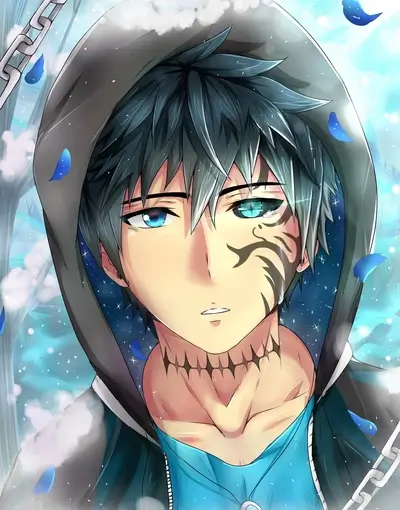 Anime character with unique tattoo and hoodie in blue and white background