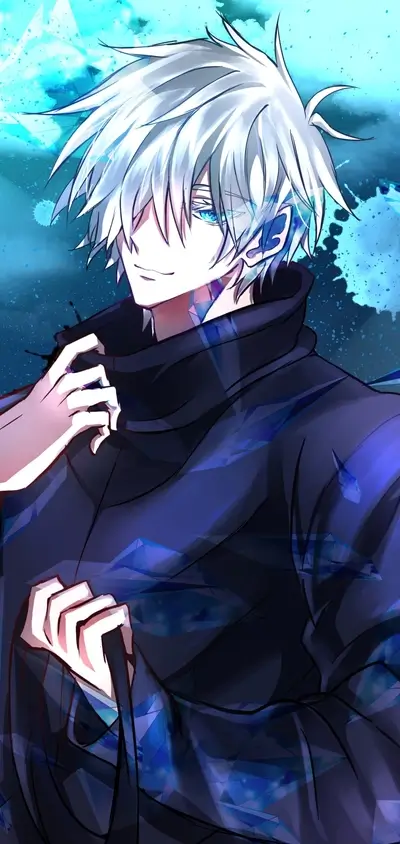 Anime character with white hair and blue eyes adjusting a dark jacket