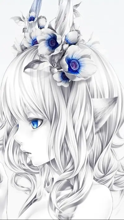 Anime character with white hair, blue eyes, flowers, and a horn