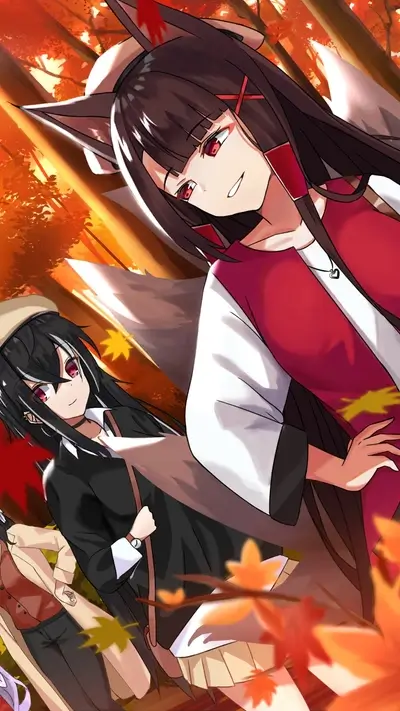 Anime characters in autumn forest, maple leaves falling around them