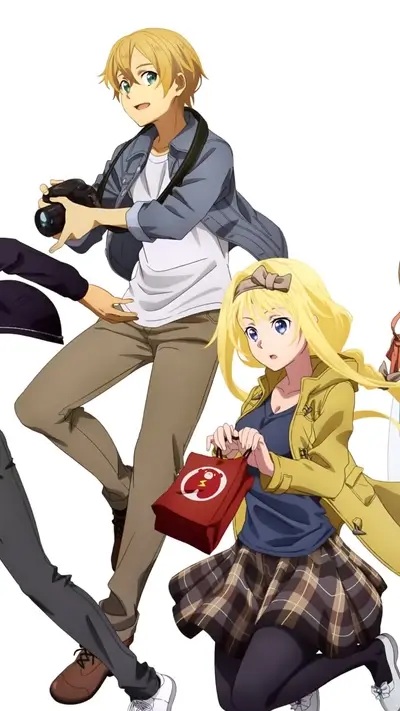Anime characters in casual attire posing for a photo