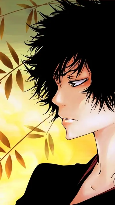 Anime character's profile view with spiky black hair and golden background