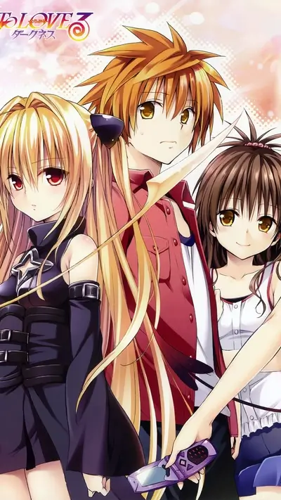 Anime characters standing together, girl holding purple device