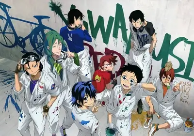 Anime characters wearing jumpsuits paint graffiti on a concrete wall