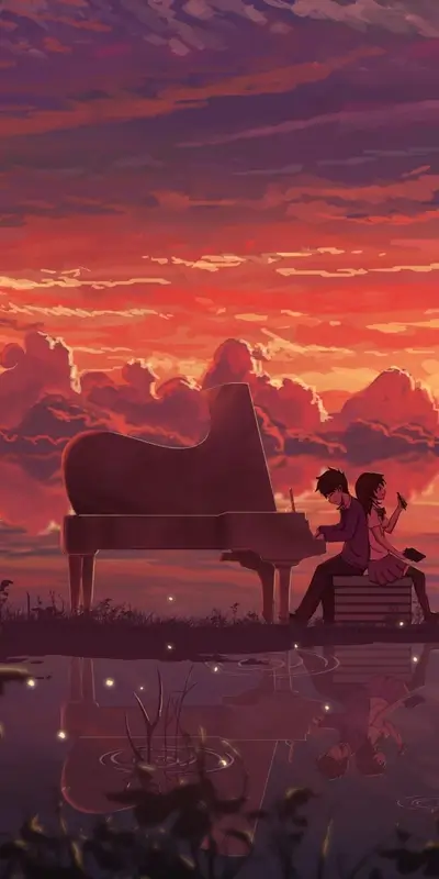 Anime couple and grand piano on a lake during sunset