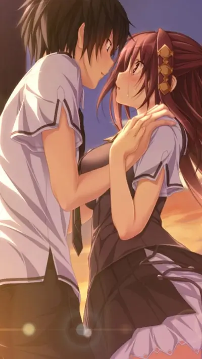 Anime couple embracing at sunset, girl crying