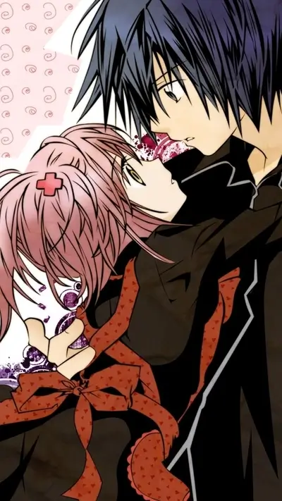 Anime couple embracing, dark clothing, pink hair