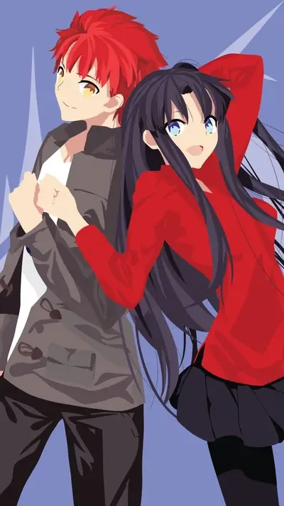 Anime couple illustration, boy in gray, girl in red