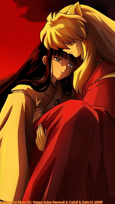 Anime couple in embrace under fiery sky