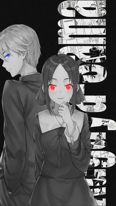 Anime couple in grayscale with red eyes