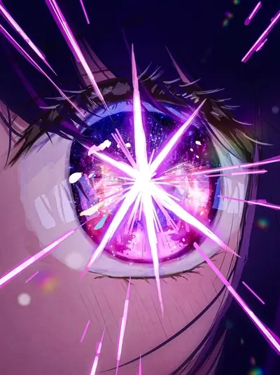Anime eye with bright purple starburst, artistic rendering