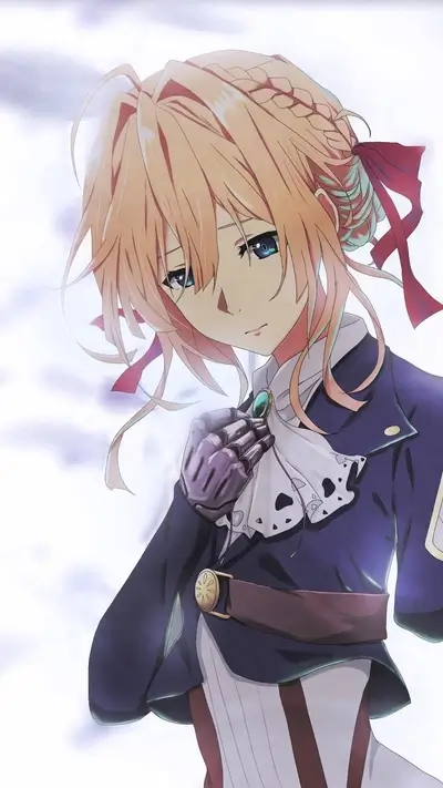 Anime girl, blonde hair, blue eyes, mechanical arm, military uniform