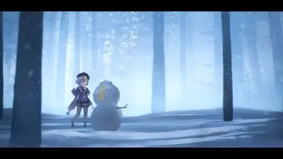 Anime girl building a snowman in snowy forest, winter scene