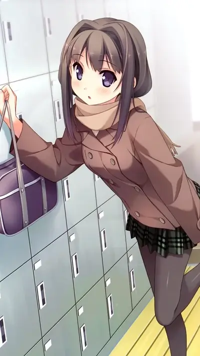 Anime girl by lockers, holding a bag