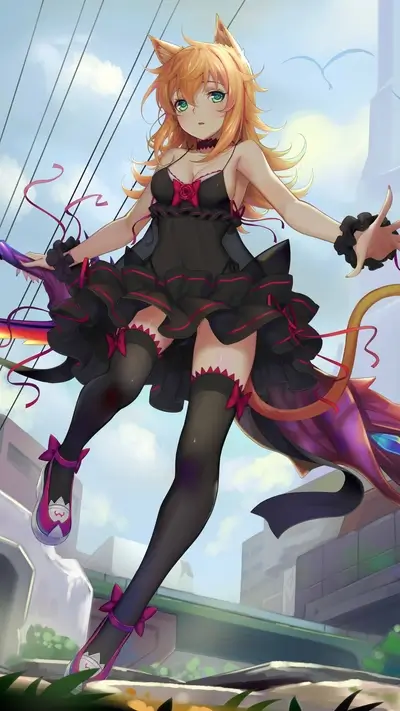 Anime girl cat ears and tail wearing black dress with red accents in urban setting