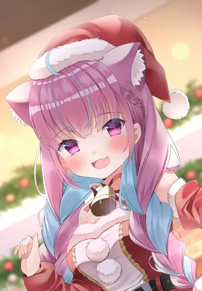 Anime girl cat ears wearing Santa hat smiling