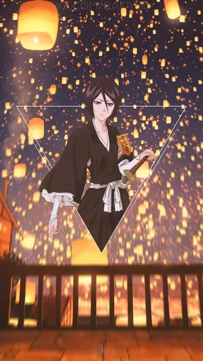 Anime girl character with katana stands amid lantern-filled backdrop in the night