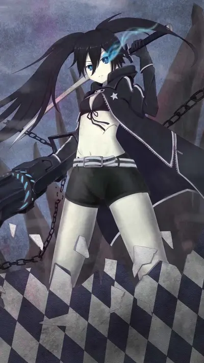 Anime girl, determined expression, sword, cannon, black hair, and black outfit