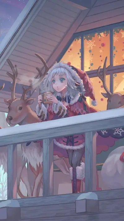 Anime girl drinks hot cocoa on a snowy Christmas morning
