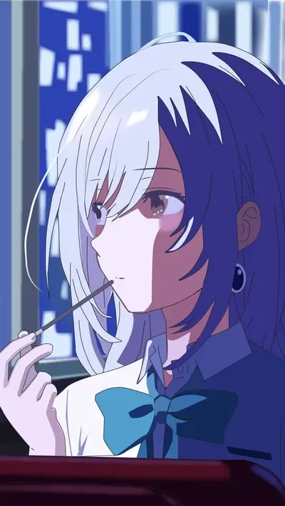 Anime girl eating stick, two-tone hair, melancholic atmosphere