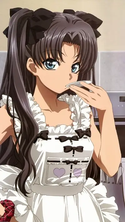 Anime girl eating, wearing an apron with bow accents and heart pockets.