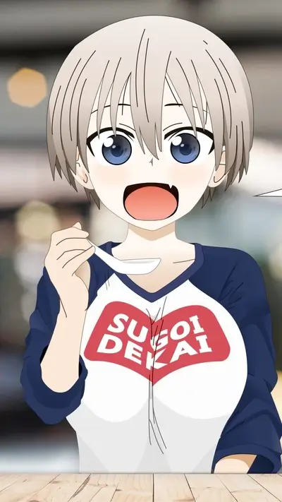 Anime girl eating with spoon, white shirt with red heart.