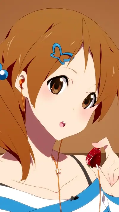 Anime girl enjoying a strawberry with headphones
