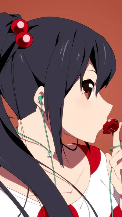 Anime girl enjoying strawberry, wearing earbuds, and styled hair