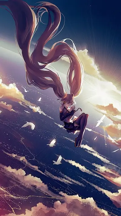 Anime girl falling from the sky amidst clouds and birds, sunlight above