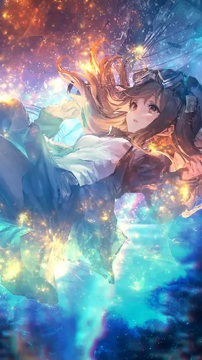 Anime girl floating, with starry background, and a mix of warm and cool tones