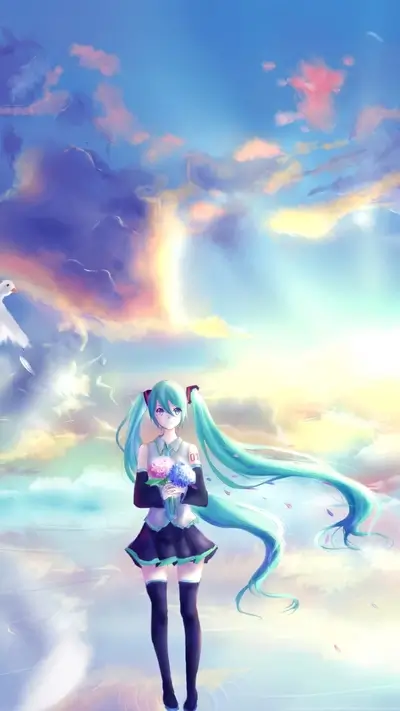 Anime girl holding a bouquet of flowers under a bright, colorful sky