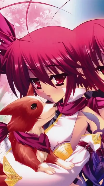 Anime girl holding a dog, both wearing magenta scarves.