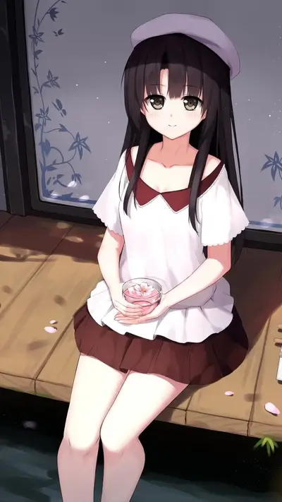 Anime girl holding a small bowl of pink liquid and flower
