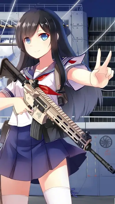 Anime girl holding an assault rifle and making a peace sign
