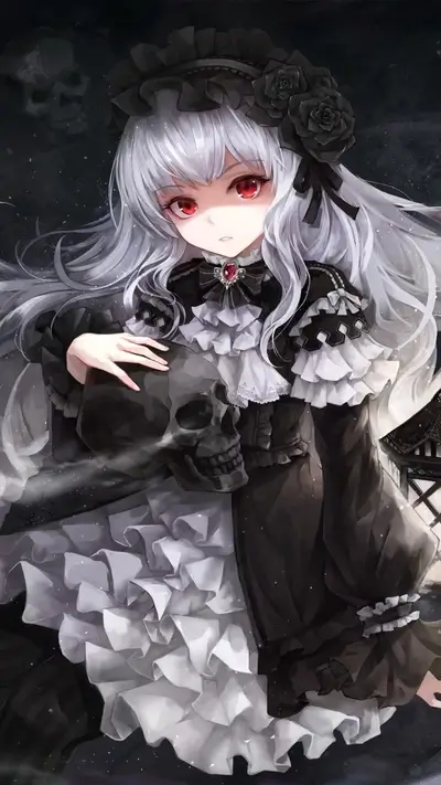 Anime girl holding skull in dark gothic attire, silver hair and red eyes