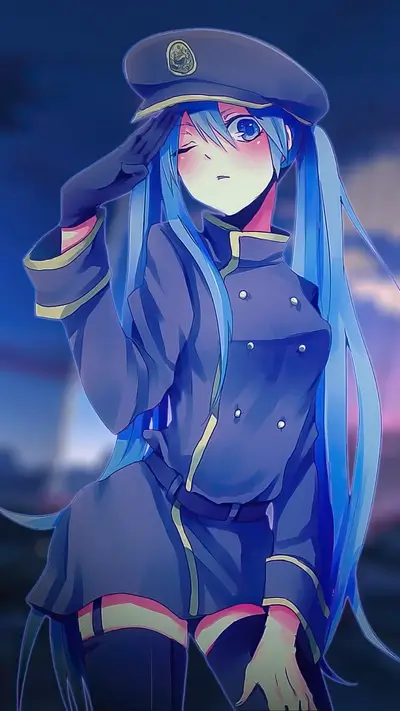Anime girl in a blue military uniform saluting