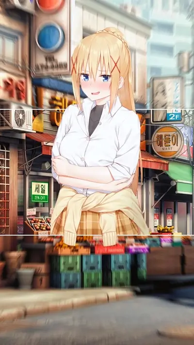 Anime girl in a bustling Korean street market