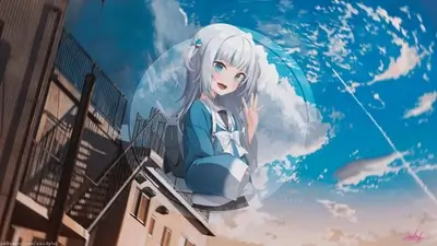 Anime girl in a city setting, vibrant sky
