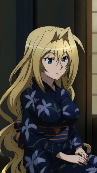 Anime girl in a dark blue yukata with white flowers
