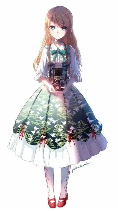 Anime girl in a floral dress holding a vintage camera