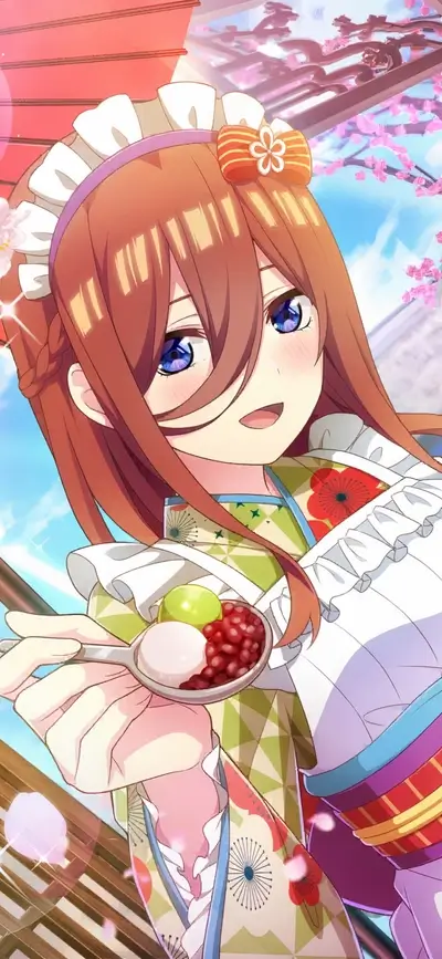 Anime girl in a kimono holding a spoon of dessert